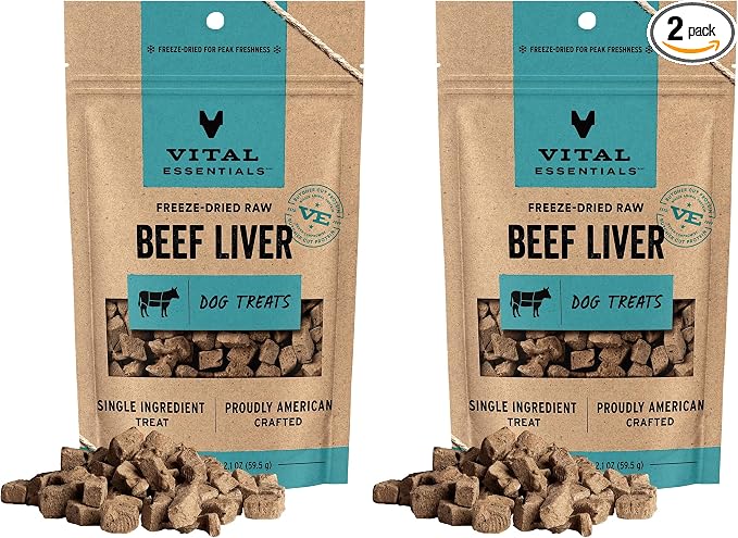 Vital Essentials Freeze Dried Dog Treats | Beef Liver, Single Ingredient | Premium Quality | Grain Free Training Treats for Dogs, 2.1 oz Bag (Pack of 2)