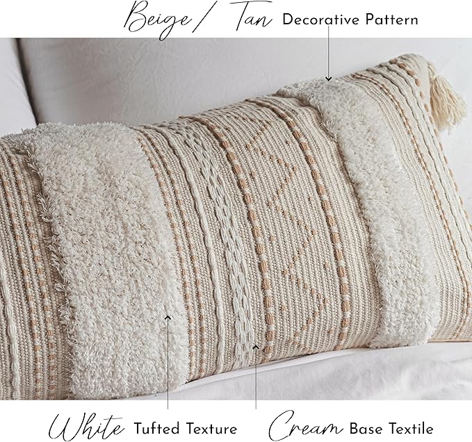 14x36 Lumbar Pillow Cover for Bed, Rectangular Long Decorative Throw Pillowcase, Boho Accent Cushion with Tufted Pattern and Tassels, Cream Beige Neutral (Cover Only)