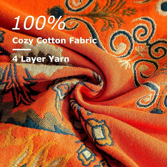 LUTBM Boho Throw Blanket for Bed 60"x80", 100% Cotton Orange Couch Blankets | Soft Reversible Floral Jacquard, All-Season, Twin Quilt for Chair Sofa Living Room, Lightweight & Breathable, Home Decor Gift