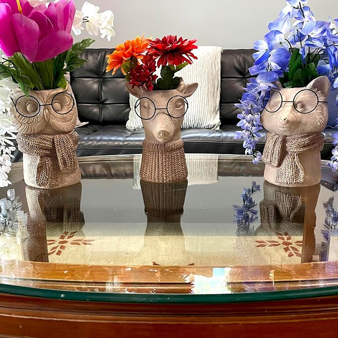 Owl Cement Vase, 8.25 Inch Bespectacled Woodland Planter | Horned Tufts, Distressed Taupe Finish, Real Black Wire Glasses, Gold-Brushed Knit Scarf, 2.75 Inch Opening