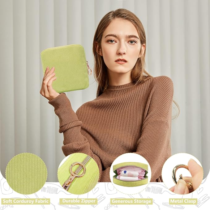 Period Bag for Girls, Corduroy Period Kit with Sanitary Pad Pouch, Menstrual Storage Bag and Tampon Holder for Purse, Girls School Essentials,Feminine Care Organizer(Green)