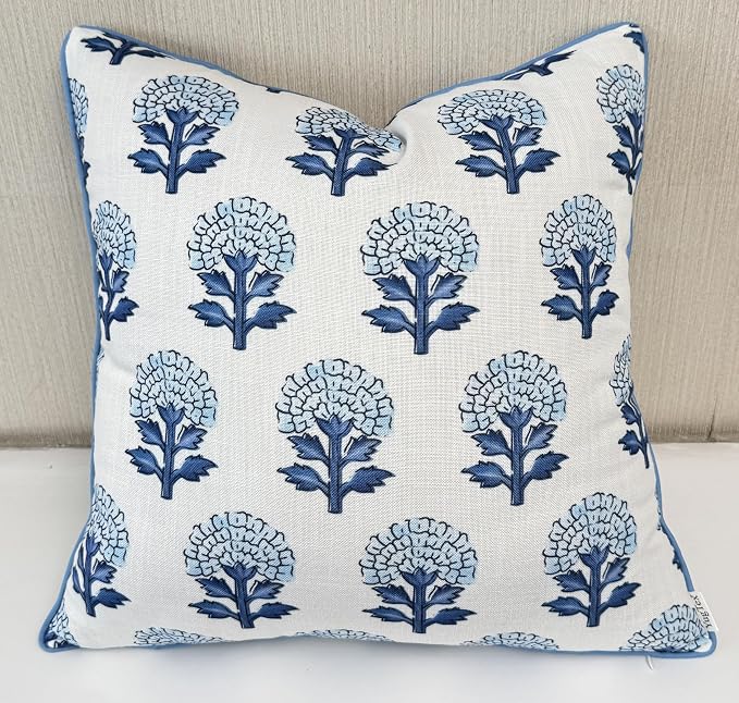 Marigold Floral Print 18x18 Throw Pillow Cover, Blue | Blue marigold floral on off-white slub, blue piping; both sides printed; hidden zip; cover only