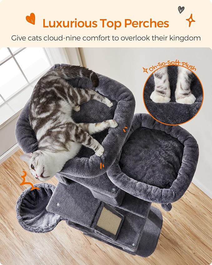 Feandrea Cat Tree, 81.1-Inch Large Cat Tower, Multi-Level Plush Condo with 13 Scratching Posts, 2 Perches, 2 Caves, Basket, Hammock, Pompoms, Smoky Gray UPCT190G01