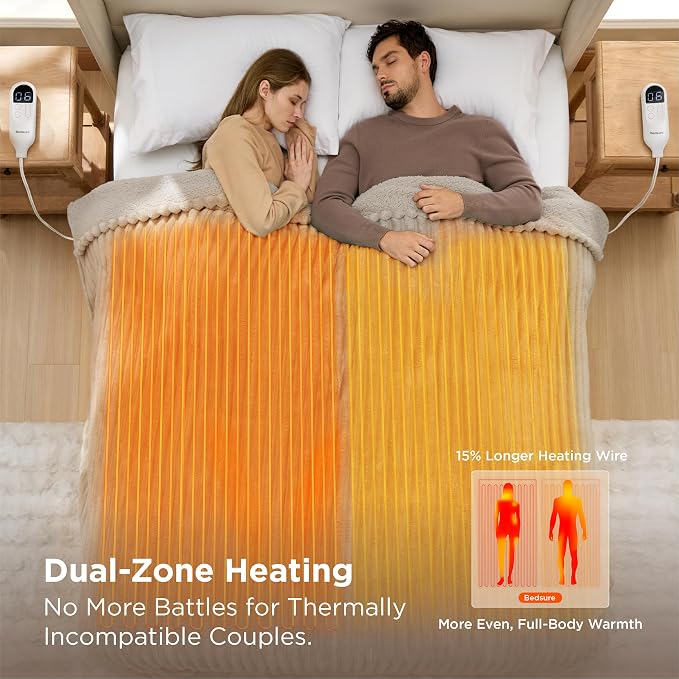 Bedsure Electric Blanket Queen Size - Thick Striped Flannel Electric Blanket with Dual Control, Heating with 6 Heat Settings & 6 Time Settings, 8 hrs Timer Auto Shut Off (84x90 inches, Linen)