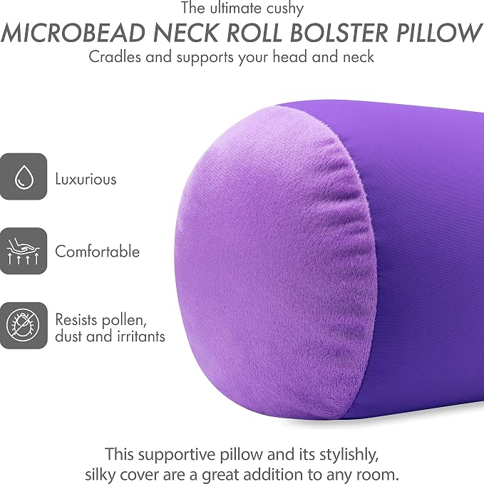 Microbead Bolster Neck Roll Pillow, Gently On Body, Head, Neck & Shoulders No Pain Rest, Relax Sleep - Silky Feel Prevent Wrinkles & Hair Breakage - Lightweight Cylinder Tube, 14" x 8", Dark Lavender