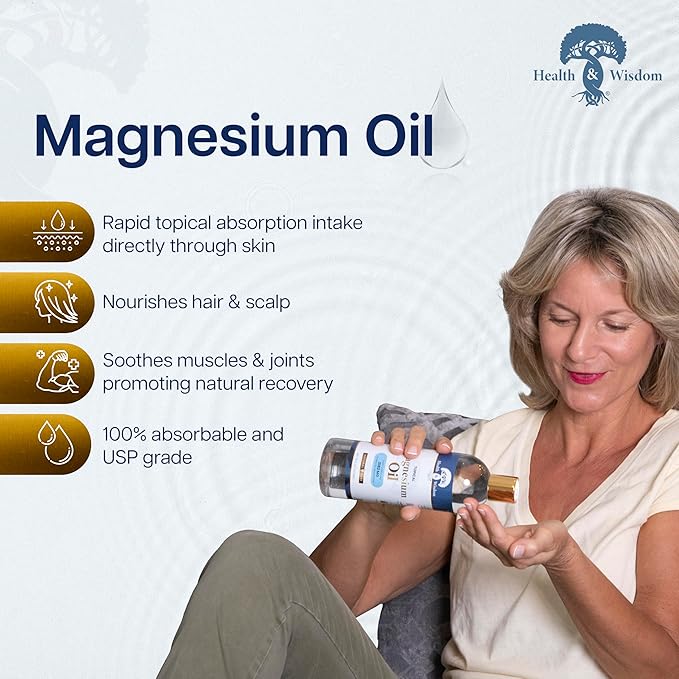 Health & Wisdom Pure Magnesium Oil - Topical Muscle & Joint Relief- Natural and Pure Skin Moisturizer - Enhanced Absorption - 4 fl oz
