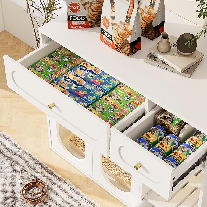 Cat Litter Box Enclosure with LED Light, Hidden Litter Box Furniture with Storage Drawers and Acrylic Doors, Cat Cabinet Indoor Pet House End Table, Fits Most Litter Boxes for Living Room Bedroom