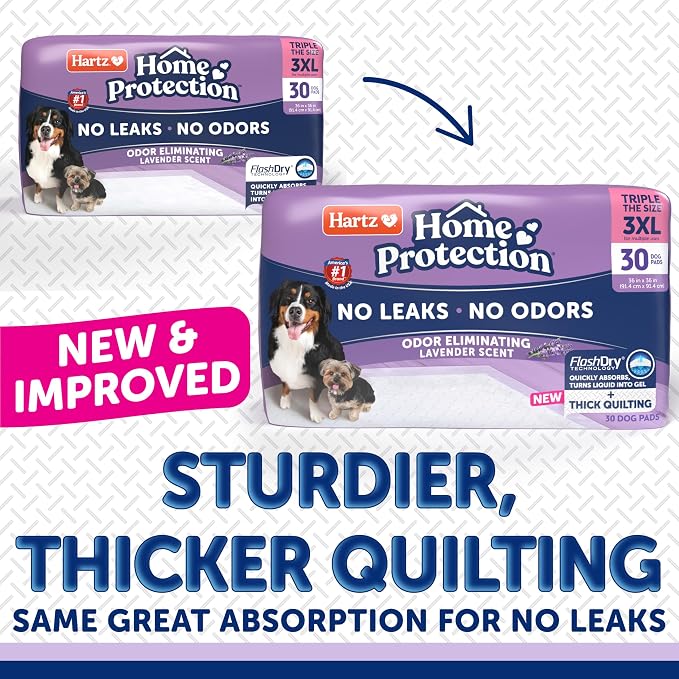 Hartz Home Protection Lavender Scent Odor Eliminating Dog Pads, 3XL, 30ct | Thicker Quilted, Super Absorbent, Quick Drying, No Leaks, No Odors, FlashDry Technology