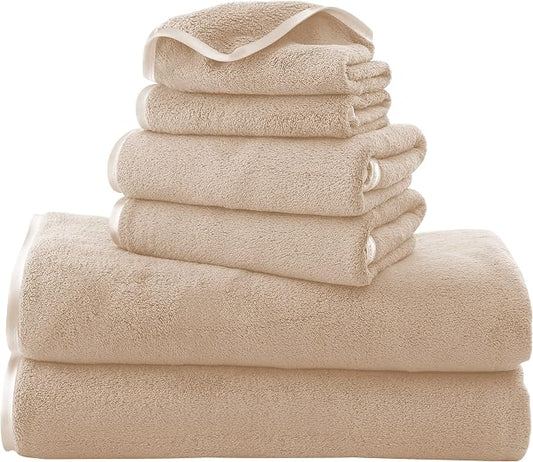 TENSTARS Luxury Silk Hemming Towel Set - Light Thin Quick Drying - 2 Bath Towels 2 Hand Towels 2 Washcloths - Ultra Soft Microfiber Towel for Bath Fitness, Sports, Yoga, Travel (Brown 6 Pieces)