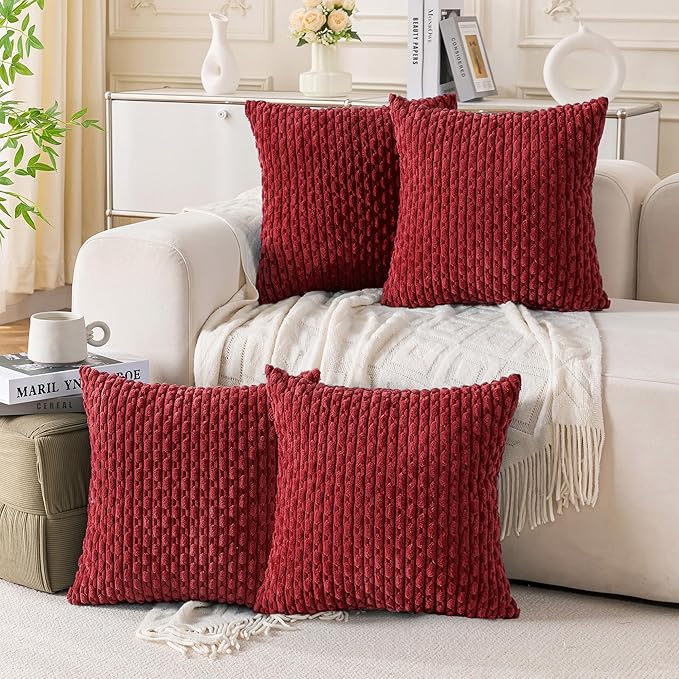 Set of 4 Burgundy Decorative Throw Pillow Covers 26x26 Inch Corduroy Pillow Covers for Bed Couch Sofa Living Room Soft Square Cushion Cases