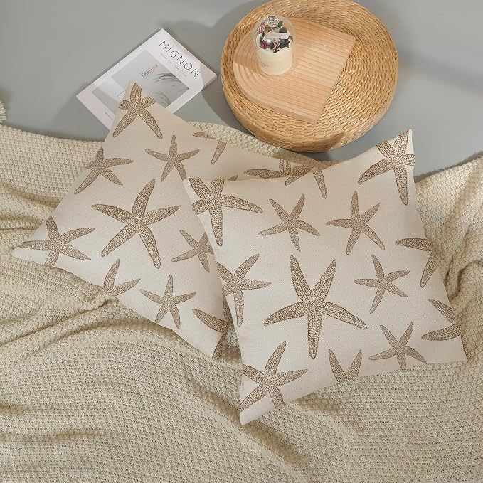 Brown Starfish Pillow Covers 18x18 Set of 2 Coastal Throw Pillows Spring Summer Nautical Ocean Theme Beach Decorative Pillow Cases Farmhouse Outdoor Decor Linen Cushion Case for Couch Sofa