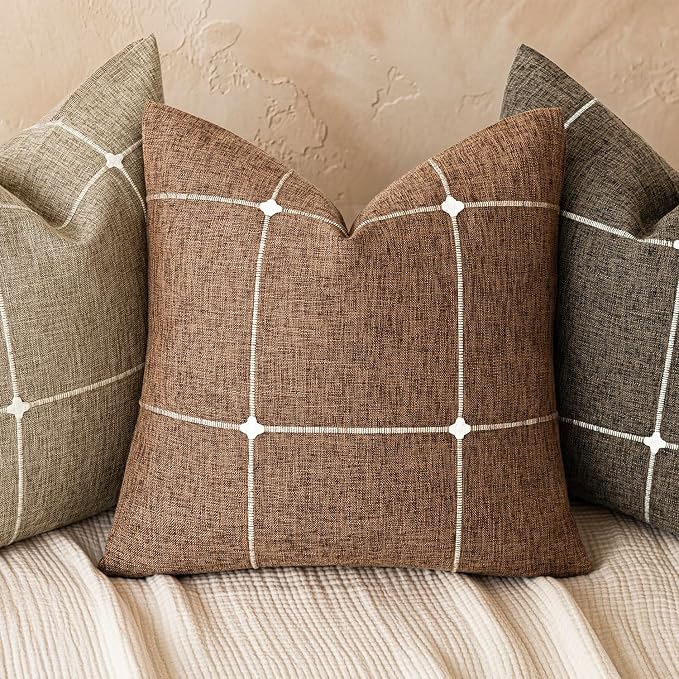 Foindtower Pack of 2 Decorative Faux Linen Jacquard Check Throw Pillow Covers Farmhouse Cushion Cover with Grid Textured Accent Pillowcase for Couch Sofa Living Room Home Decor,16×16 Inch,Orange Brown