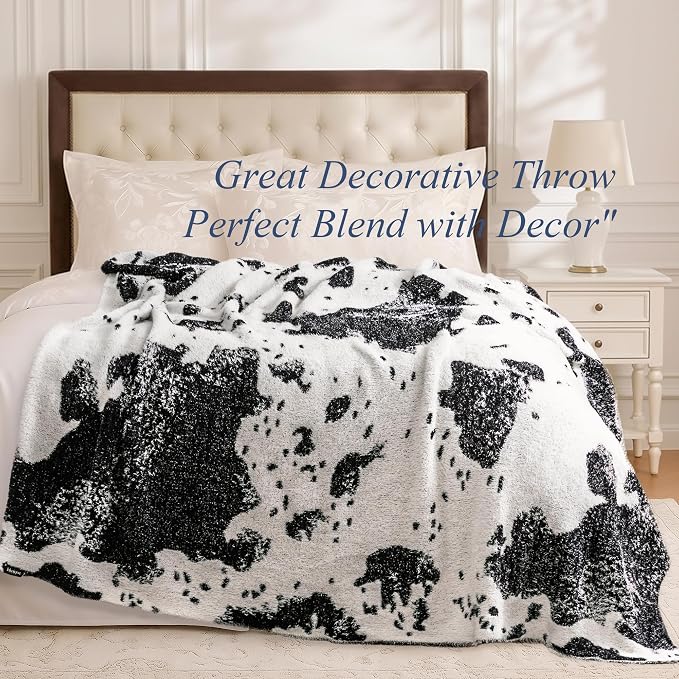 Knit Throw Blanket for Couch, Soft Cozy Fluffy Knitted Blanket for Sofa, Bed, Gift for Women Girls Home Decor (Cow-Black, Twin 60"x80")