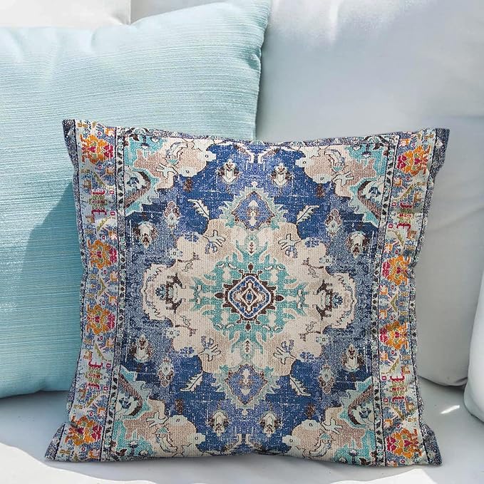 Snycler Boho Throw Pillow Covers 24x24 inch Set of 2 Boho Rug Carpet Double Sided Pattern Cotton Soft Pillow Case Cushion Cover Pillowcase for Couch Sofa Bed Decorative (Blue)