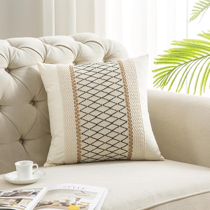 Throw Pillow Covers 20 x 20 Inch 1PC for Farmhouse Living Room, Cotton & Burlap Textured Striped Woven Boho Pillow Covers (Beige & Black Grid)