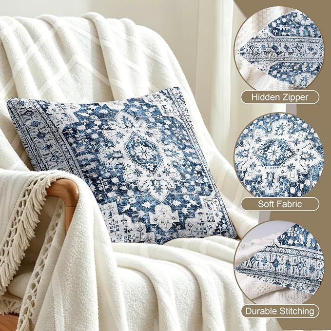 Boho Throw Pillow Covers 18x18 inch Set of 2,Soft Pillowcases Bohemia Carpet Printing Pattern Decorative Sofa Living Room Bed Square Pillow Case Cushion Cover-Blue White
