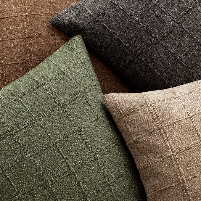 Foindtower Set of 2 Decorative Linen Check Throw Pillow Covers Neutral Farmhouse Vintage Cushion Covers Modern Boho Home Decor for Sofa Chair Couch Bedroom Living Room,22×22 Inch,Brown Hazel