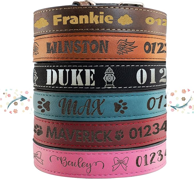 Personalized Leather Dog Collar | 3 Adjustable Sizes - 9 Icons with Your Pet's Name | Large - Teal | - Safe&Secure Pet Collars with ID, Custom Text for Dogs and Puppy - Small Medium Large Puppies