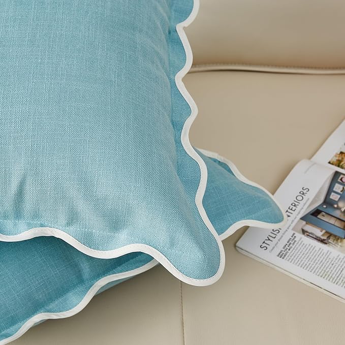 Scalloped Pillow Covers Set of 2 for Living Room | Spring Decorative Sofa Couch Pillows | Boho Sytle Decorative Home | Aesthetic Funky Preppy Pillow Cases (Blue, 22x22 Inch)