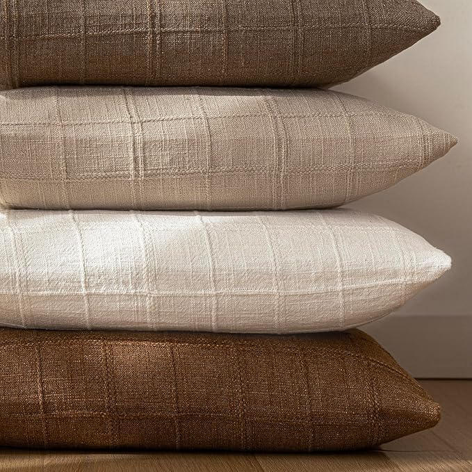 Foindtower Set of 2 Decorative Linen Check Throw Pillow Covers Neutral Farmhouse Vintage Cushion Covers Modern Boho Home Decor for Sofa Chair Couch Bedroom Living Room,22×22 Inch,Cream White