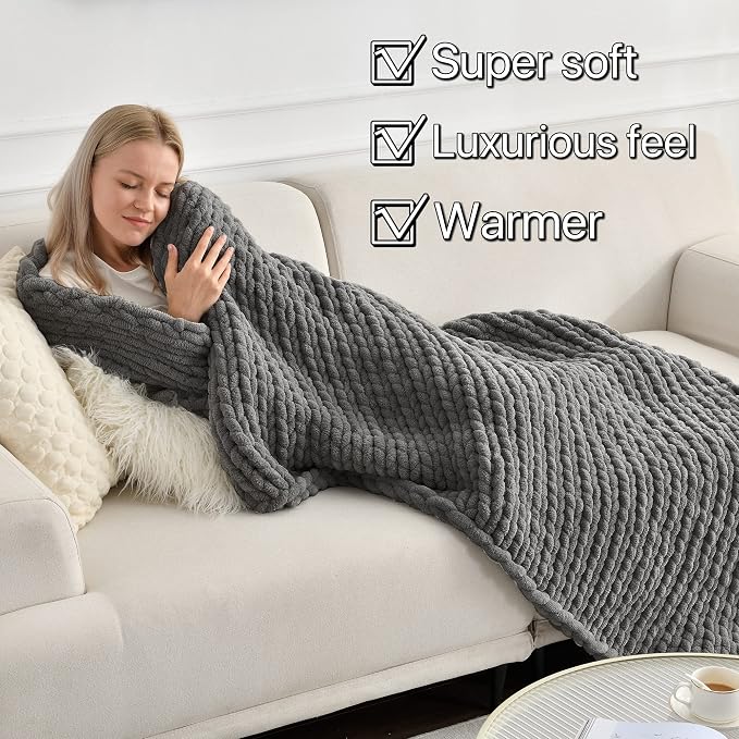 Maetoow Tighter Version Chenille Chunky Knit Blanket Throw,50×60,Dark Grey