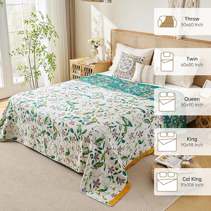 VANJOROY King Boho Throw Blanket, 100% Organic Cotton Breathable Skin-Friendly Ultra Soft 91" x 98" Bed Quilt Throw - Floral Rustic Decor Luxury Reversible Blanket for Sofa Couch Chair and Gift