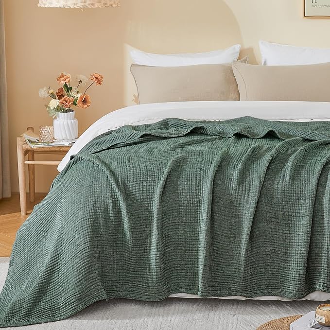 EMME Cotton Muslin Queen Blanket Bed Layering Bedspread Coverlet Breathable Gauze Soft Lightweight Blankets (Heather Forest Green, 90"x90")