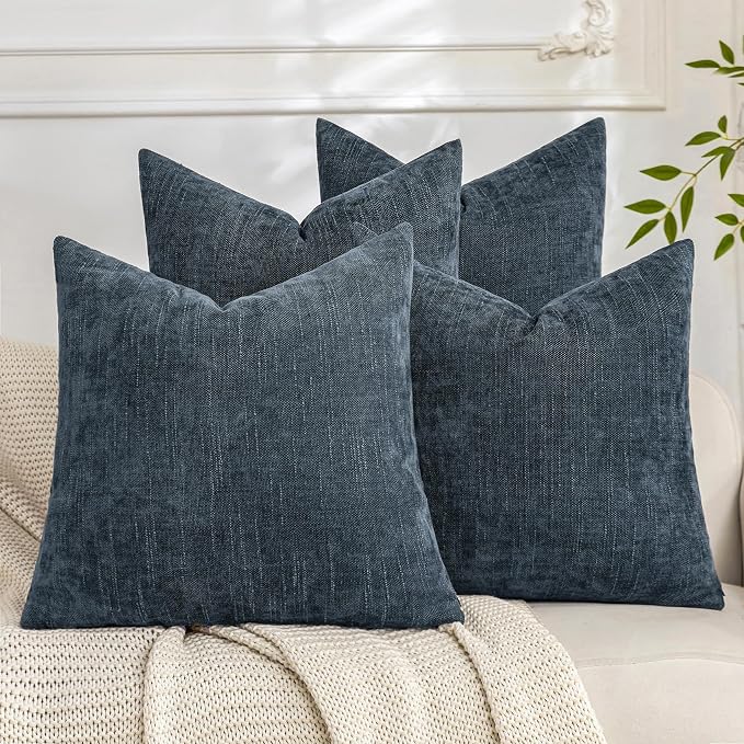 Set of 4 Soft Textured Decorative Throw Pillow Covers 18x18 Inch Cozy Farmhouse Cushion Cover Square Accent Pillow Cases for Bed Couch Sofa Living Room, Grey Blue