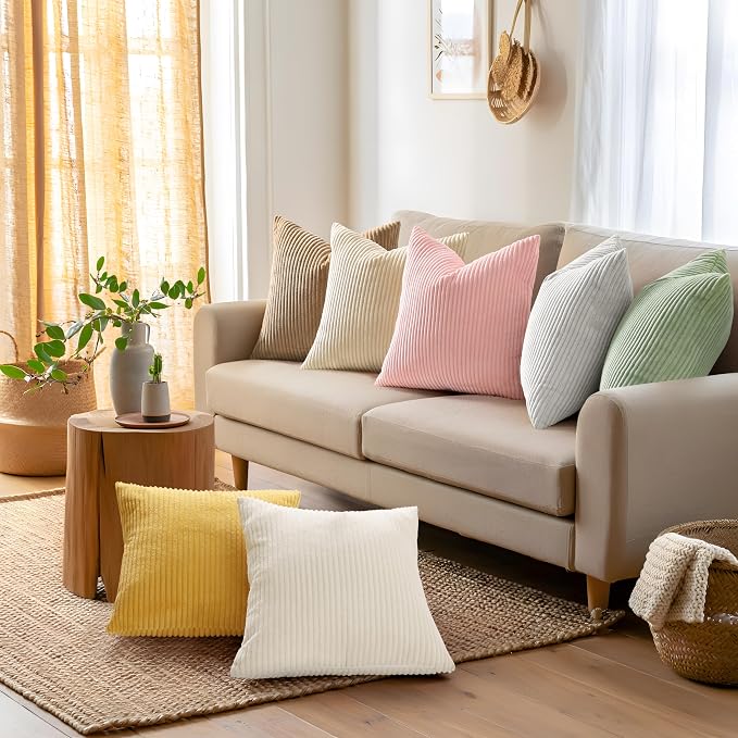 Mecatny Corduroy Fall Throw Pillow Covers 24x24 Set of 2 Mustard Yellow | Soft Striped Texture, Hidden Zipper Design, Neutral Boho Square Pillow Cases for Sofa Couch Living Room Bedroom, Home Décor