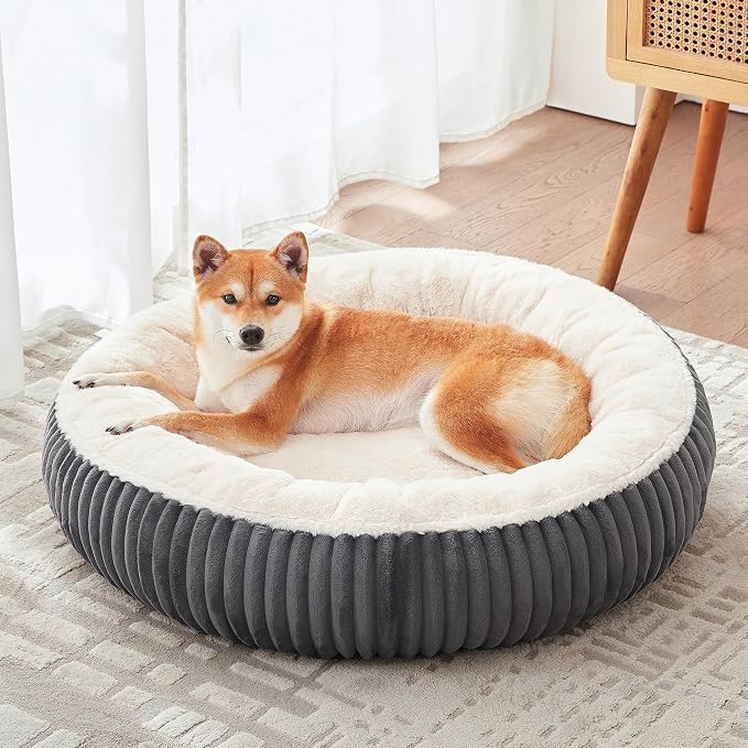 33 inches Calming Donut Dog Bed for Medium Plus Dogs,Dark Grey | Round Pet Bed with Removable&Washable Cover,Milk Plush Faux Fur, Fits Pets up to 50 lbs