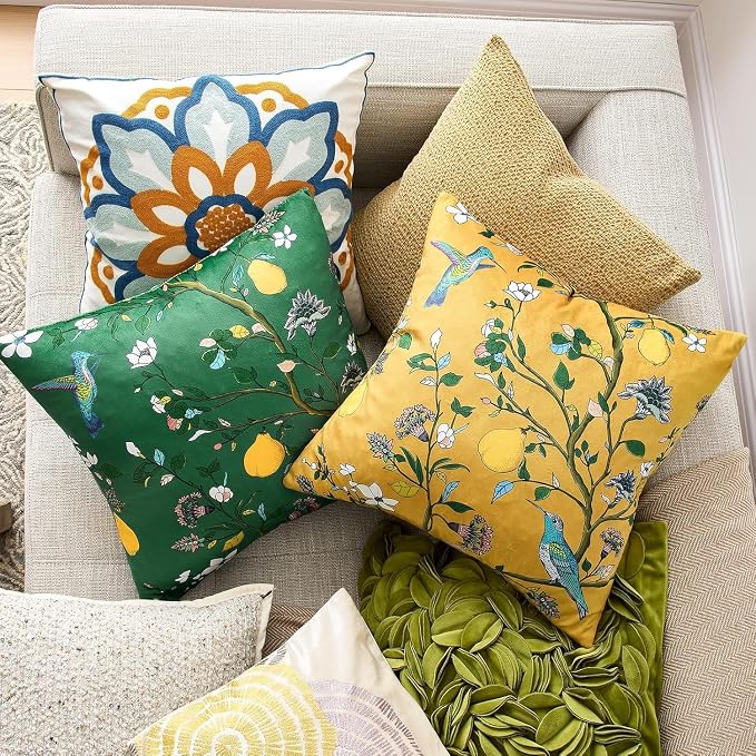 MUSSEL Green Velvet Floral Decorative 16x16 Pillow Covers Set of 2 | Soft Durable and Sturdy,Bird Plant,Throw Pillows Case,Square,Colorful Country Cushion Covers,Home Sofa Bed Couch Decor