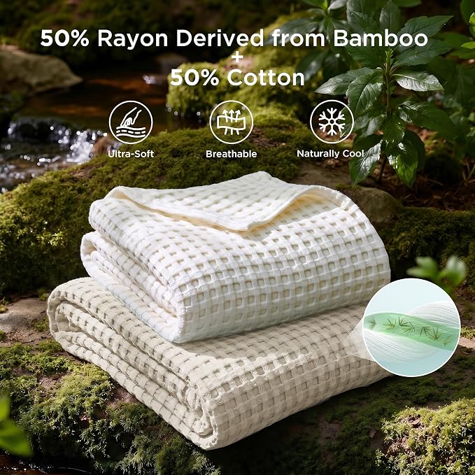 Bedsure Cooling Cotton Waffle Queen Size Blanket - Lightweight Breathable Soft Blanket of Rayon Derived from Bamboo for Hot Sleepers, Luxury Throws for Bed, Couch and Sofa, Linen, 90x90 Inches