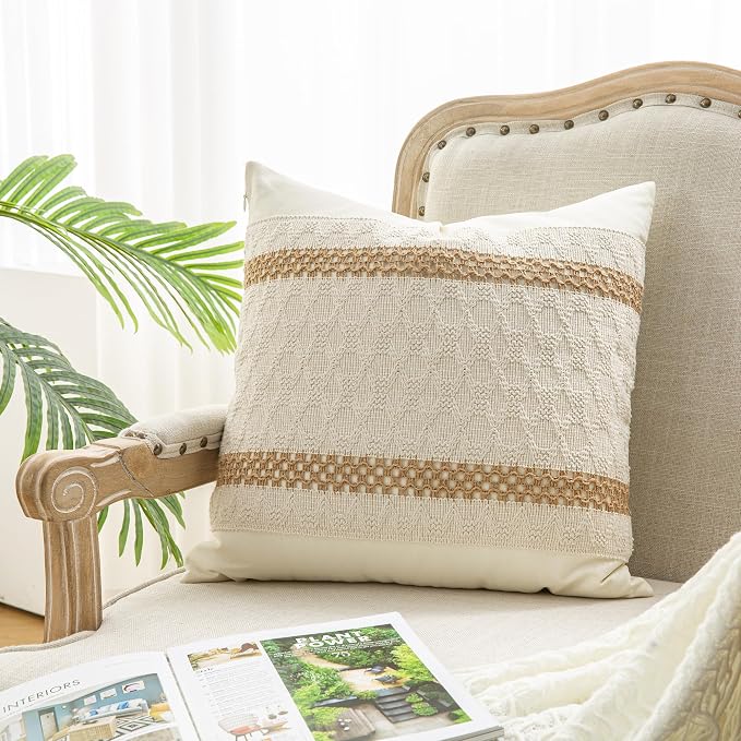 Throw Pillow Covers 18 x 18 Inch 1PC for Farmhouse Living Room, Cotton & Burlap Textured Striped Woven Boho Pillow Covers (Beige & Brown, Double Striped)