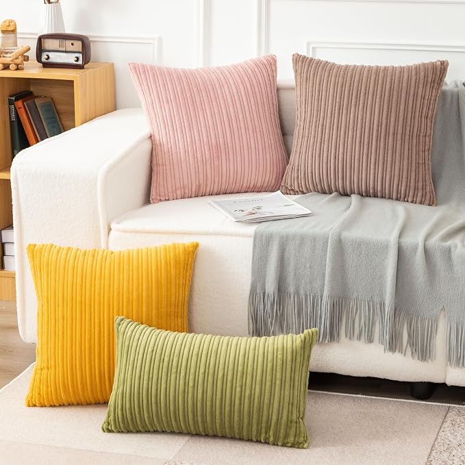 UGASA 12x24 Inch Pillow Cover Pack of 1 Soft Boho Stripe Corduroy Long Rectangle Lumbar Cushion Case Farmhouse Decorative Throw Pilowcase for Bed, Couch, Sofa, Bedroom, Living Room, Light Brown