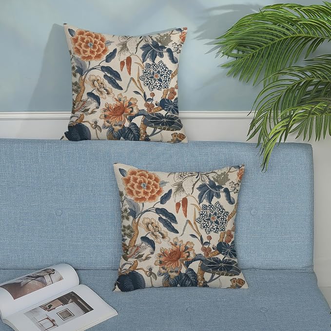 Navy Blue Orange Pillow Covers 16x16 Inch Set of 2 Vintage Blue Floral Throw Pillows Chinoiserie Flower Decorative Pillow Case Outdoor Linen Farmhouse Cushion Cover for Couch Sofa Decorations