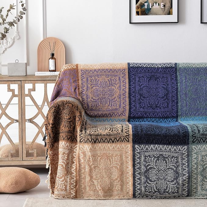 Boho Chair Cover Colorful Chenille Tassels Hippie Throw Blanket for Couch Bed Sofa Recliner Loveseat, Blanket for Bohemian Living Room Decor Purple(60"*75")
