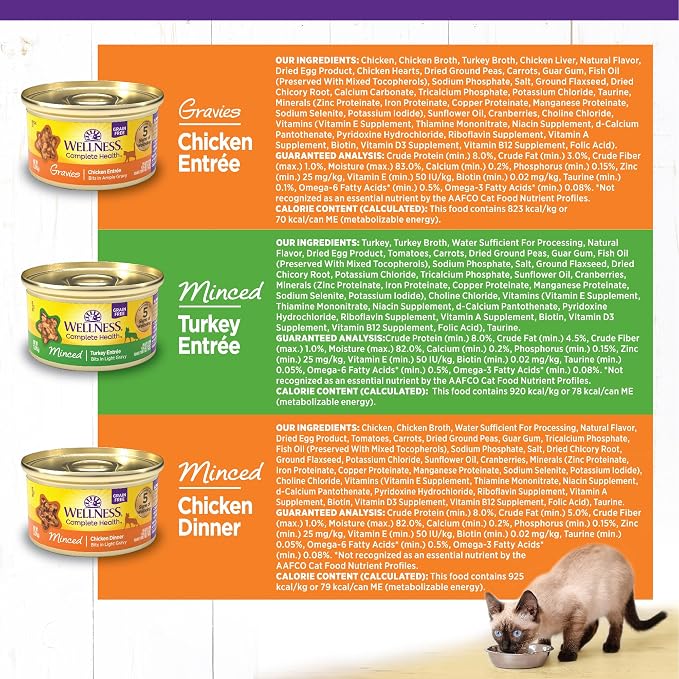 Wellness Complete Health Gravy and Minced Variety Pack Adult Canned Wet Cat Food, Natural, Protein Rich, Grain Free, Chicken and Turkey Lovers, 3 oz, Pack of 24 Cans