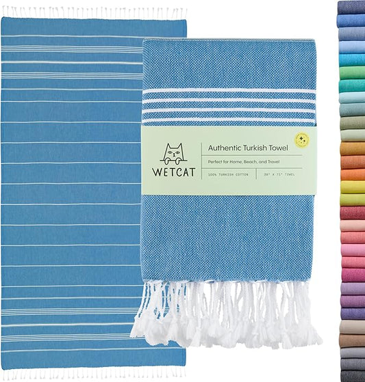 WETCAT Turkish Beach Towel Oversized (38"x71") 100% Turkish Cotton, Made in Turkey - Sand Free, Extra Large, Ultra Soft, Quick Drying, Compact & Lightweight for Travel - Blue