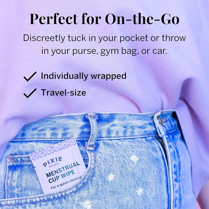 Pixie Feminine Wipes - Flushable, Biodegradable, & Ph Balanced - Individually Wrapped Packet Wipes for On The Go & Public Bathrooms - Wash & Cleaner For Your Menstrual Cups & Discs (1 Pack of 20)