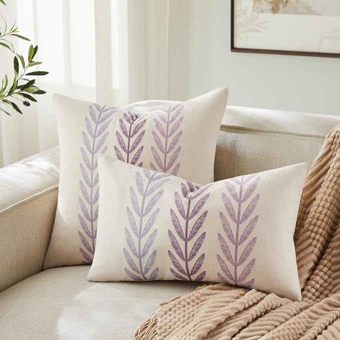 Farmhouse Leaves Throw Pillow Covers Set of 2, 18x18in Mixed Purple | 100% Organic Cotton, Rustic Accent Print Pillow Case, Pastoral Decorative Cushion Covers for Sofa Bed Living Room Home Decor