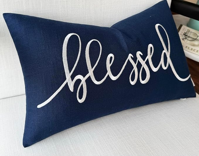 EURASIA DECOR Blessed Embroidered Lumbar Pillow Cover 12x20, Navy Blue | Raised ivory script on navy blue; scripture faith gift, cotton, hidden zip, solid back, cover only