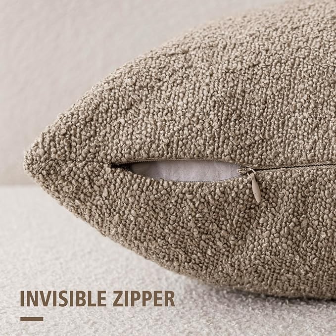 Foindtower Set of 2, Decorative Textured Boucle Throw Pillow Covers Accent Solid Pillow Cases Neutral Cozy Couch Cushion Case for Chair Sofa Bedroom Living Room Home Decor 26x26 Inch Light Khaki Tan