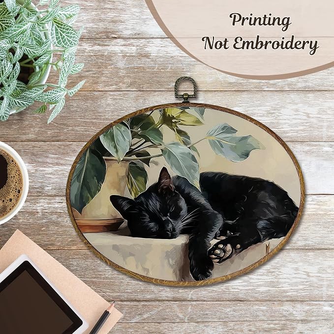 LKETW Vintage Black Cat Sleeping Oval Wall Art Decor, Black Cat Gifts for Women Oval Canvas Hanging Decor, Cottagecore Farmhouse Kitty Wall Decorations for Home Bedroom Living Room, 8.6x11.4 Inch