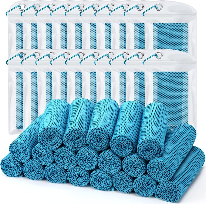 Cooling Towel (Pack of 20, 40"x12") with Pouches for Sports, Workout, Fitness, Gym, Yoga, Golf, Pilates, Travel, Camping & More