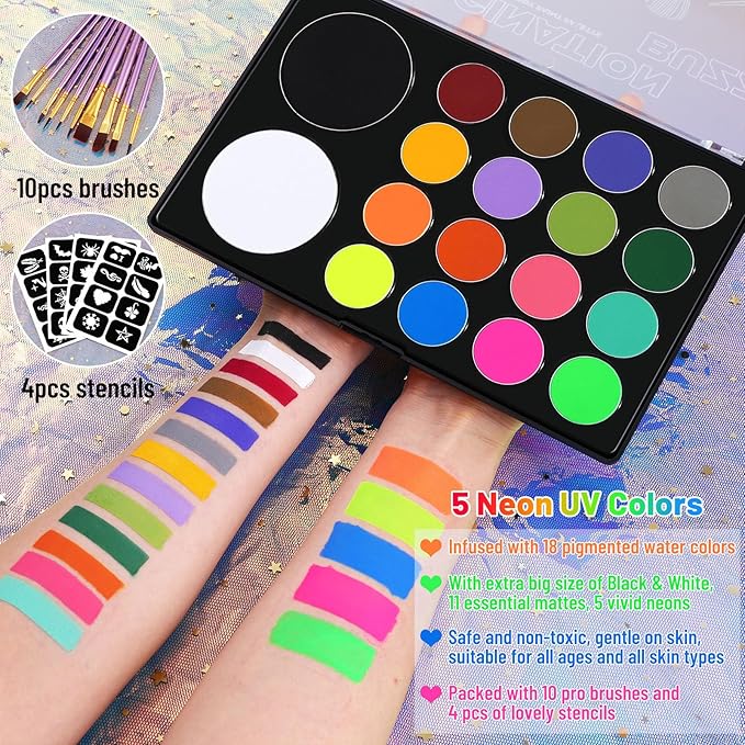 UCANBE Face Painting Kit for Kids & Adult-18 Colors Non-Toxic Water Based Face Body Paint Palette with Paint Brushes&Stencils, Professional Facepaint Set for Halloween SFX Makeup, Cosplay & Costume