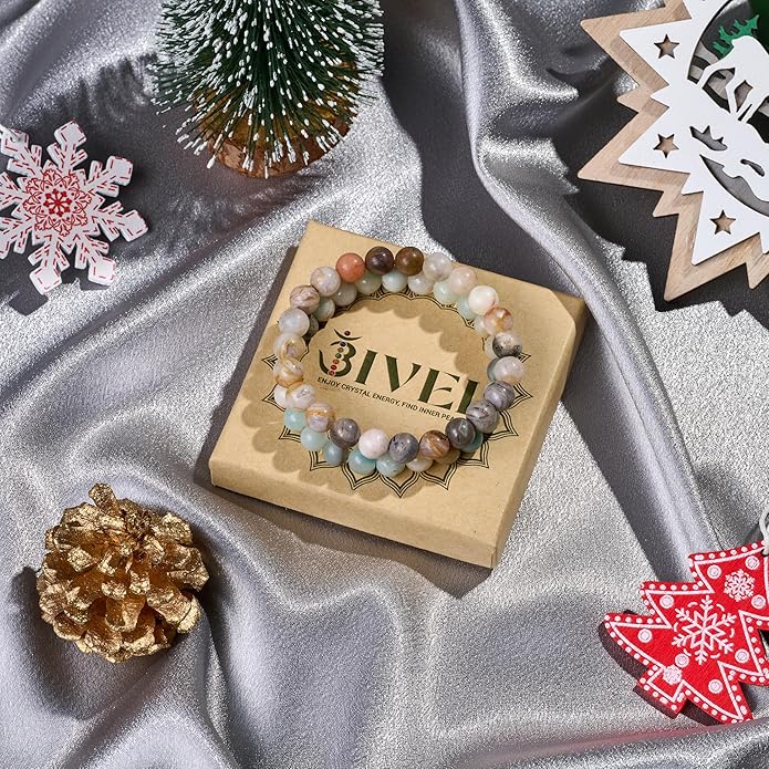 Bivei Natural Gemstone Semi Precious Healing Crystals Handmade Stretchy Round Beads Bracelet,Stocking Stuffers for Women Enhance Positive Energy