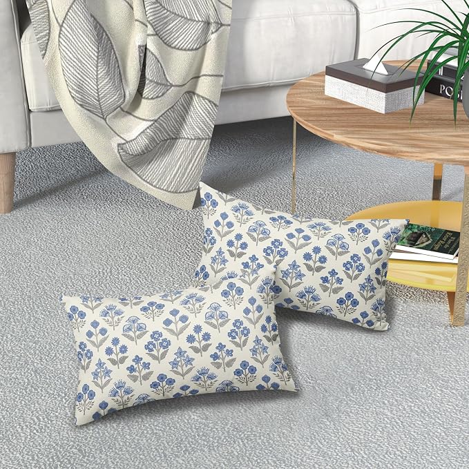 Blue Grey Gray Floral Pillow Covers 12x20 Inch Set of 2, Block Print Lumbar Flower Cream Decorative Throw Pillowcases Outdoor Farmhouse Rectangle Cushion Covers Spring Summer Sofa Couch Bed Decor