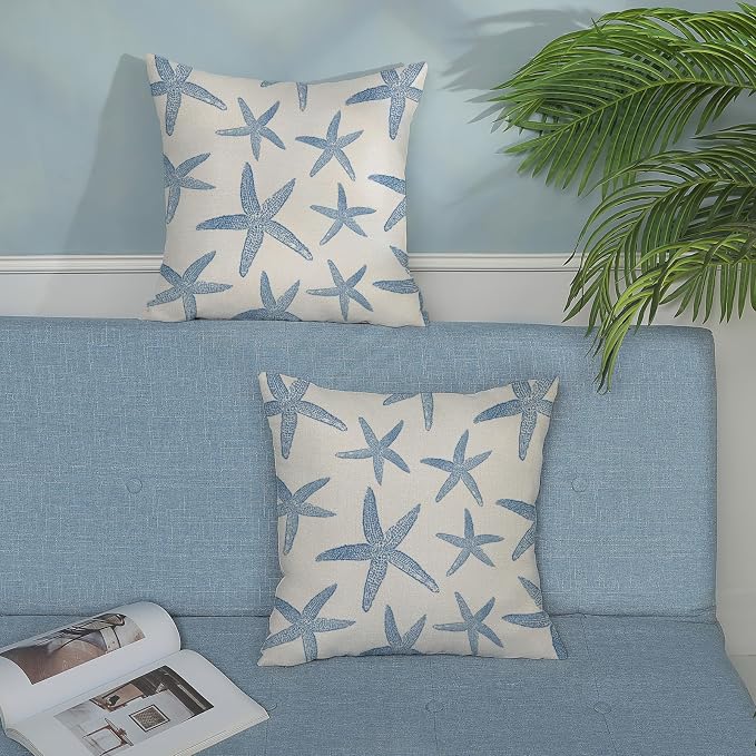 Navy Blue Starfish Pillow Covers 16x16 Set of 2 Coastal Throw Pillows Spring Summer Nautical Ocean Theme Beach Decorative Pillow Cases Farmhouse Outdoor Decor Cushion Case for Home Bedroom