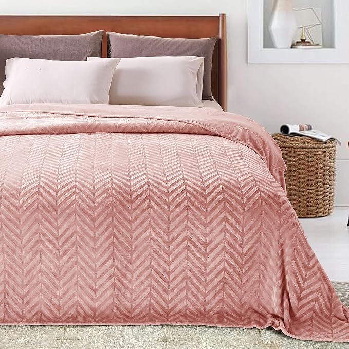 Whale Flotilla Flannel Fleece Fall Bed Blanket Queen Size, Pink | Lightweight Breathable Soft Bedspread, Plush Fluffy Coverlet Chevron Design Decorative Blanket for Home Life, 90x90 Inch