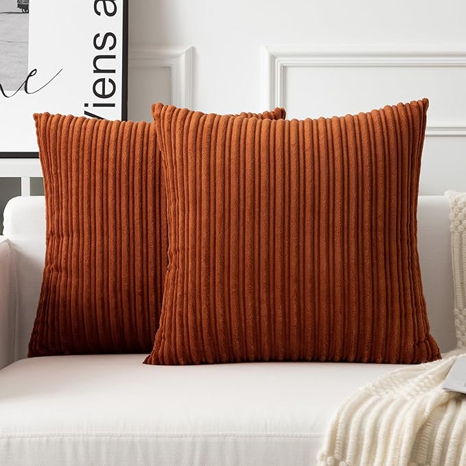 UGASA Fall Velvet 24x24 Inch Soft Throw Pillow Cover Boho Farmhouse Decorative Corduroy Striped Both Sides Solid Square Cushion Case for Couch Bedroom Sofa Home, 1 Piece, Burnt Orange